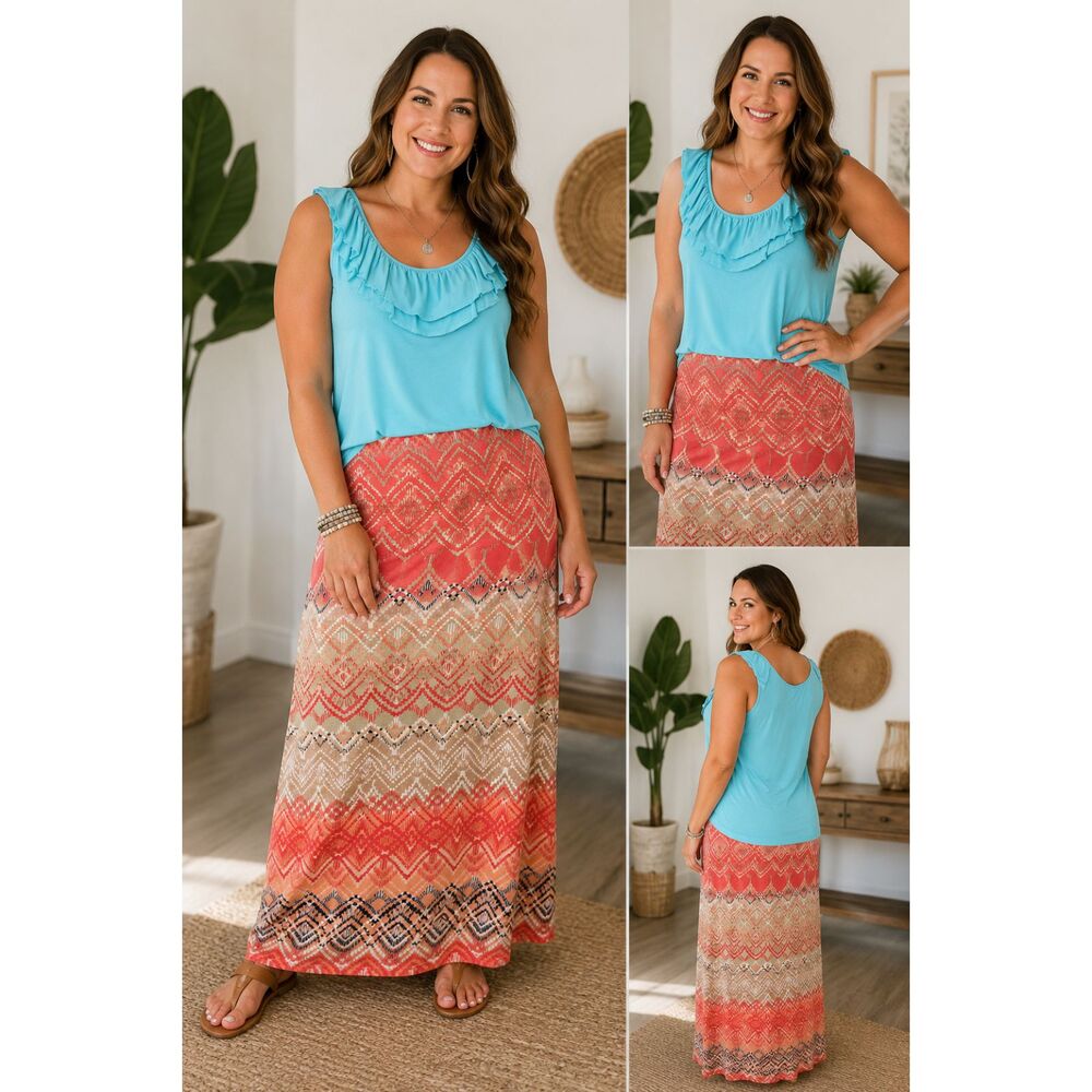 Chaps Ruffle Tank Large + Joe B Maxi Skirt Large Boho Outfit Bundle